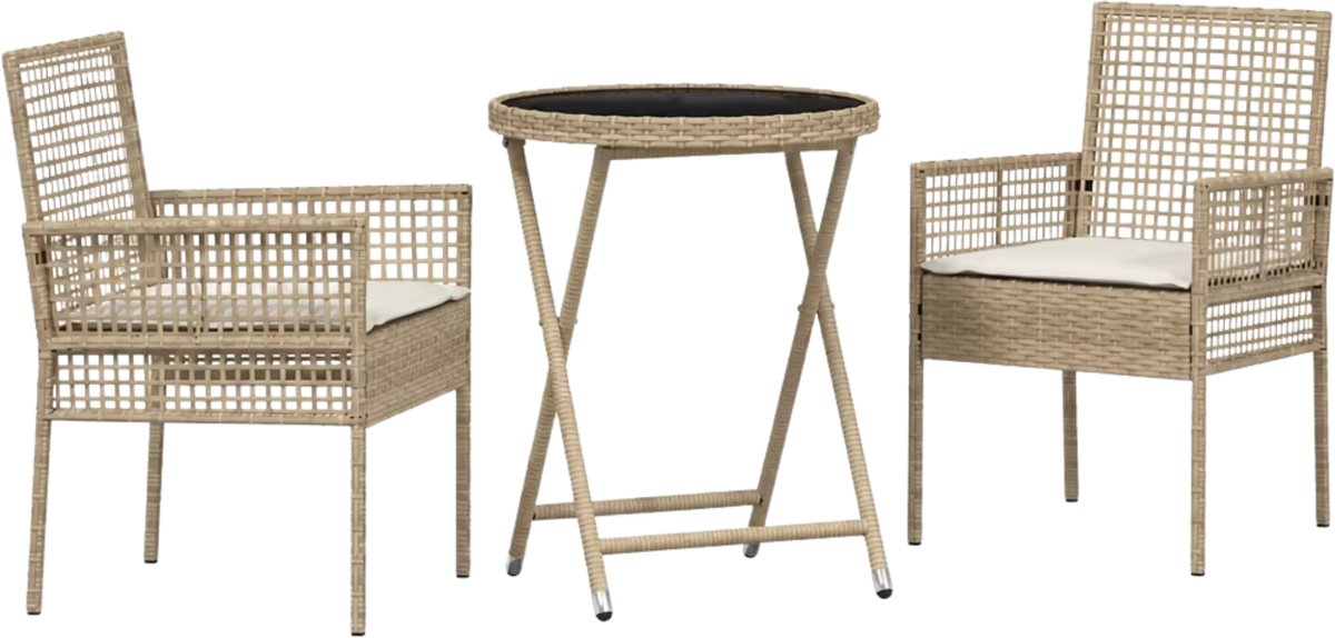 Tuinbistroset 3-Delig Beige Rotan – Opvouwbare Set met Tafel, 2 Stoelen & Kussens - - Weerbestendig Synthetisch Rotan