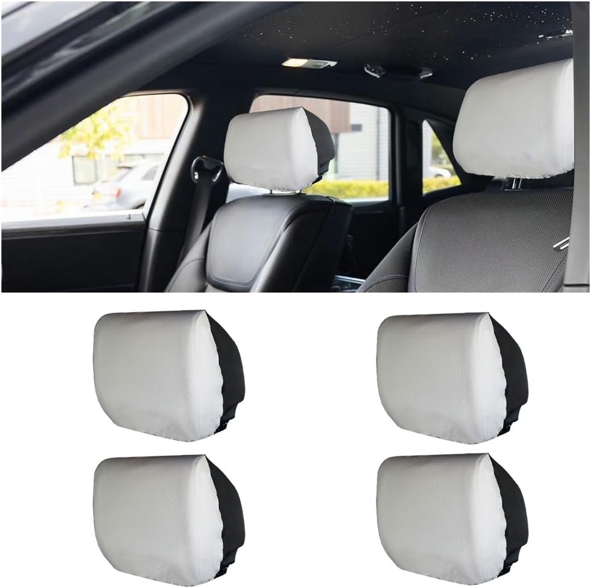 SnelShoppen - Set van 4 Auto Hoofdsteunhoezen Ademend Wasbaar Voor Hoofdsteun Bescherming Stofbescherming Vrachtwagen Bus Minivan Wit + Zwart