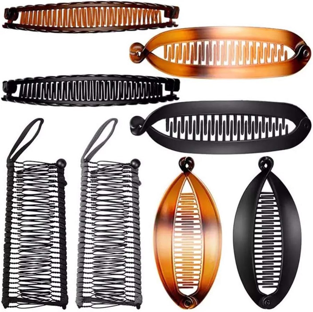 SnelShoppen - 8 Stuks Banana Haarspeld Set, Draagbare Klemmen, Grote Vintage Banana Clips Kam Tool, Dubbele Kam Clips Set met 4 Verschillende Stijlen,