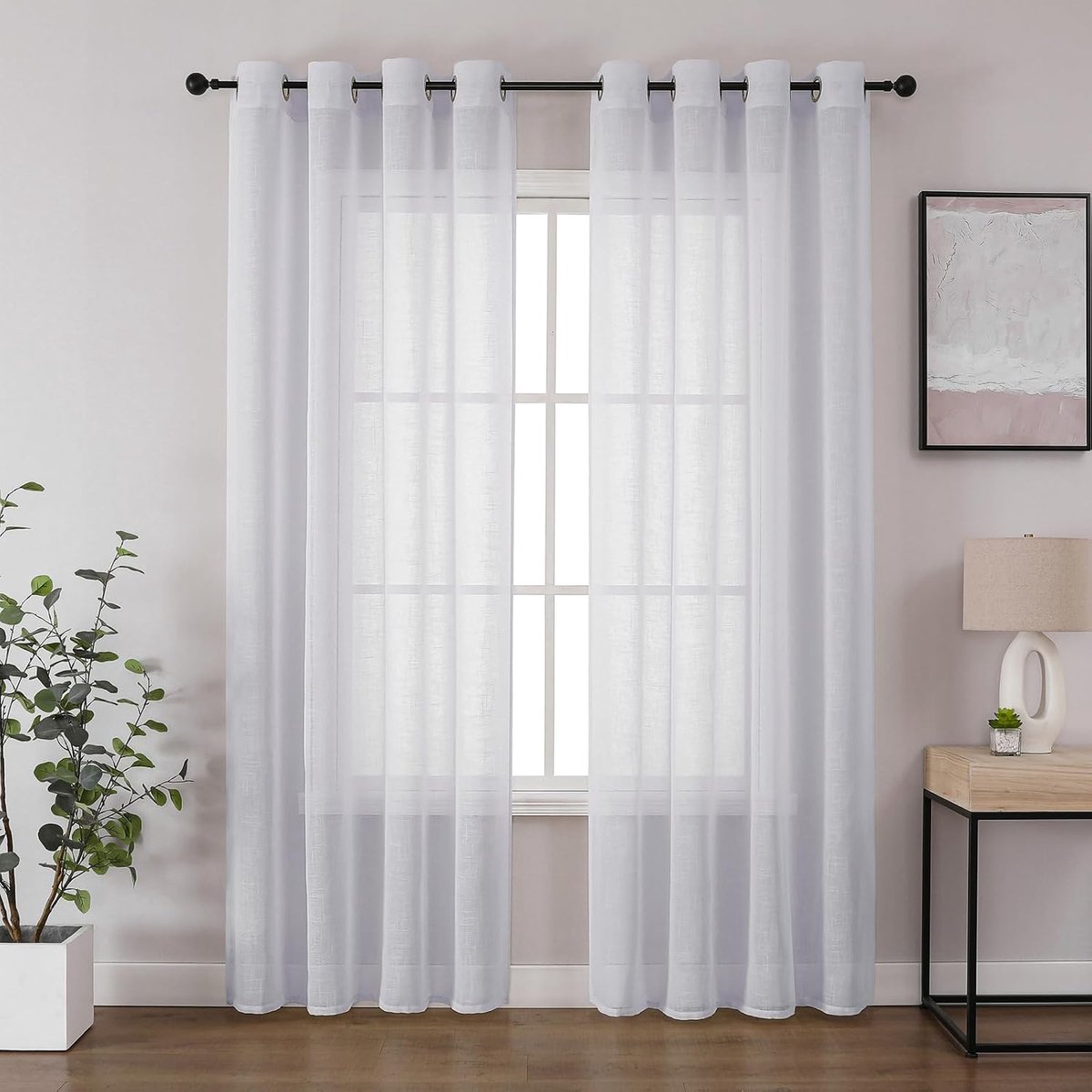 SnelShoppen - Voile Gordijnen met Oogjes, Set van 2, Linnen Look, Semi-Transparant, Kleur Linnen, Voor Slaapkamer en Woonkamer, Privacy Bescherming