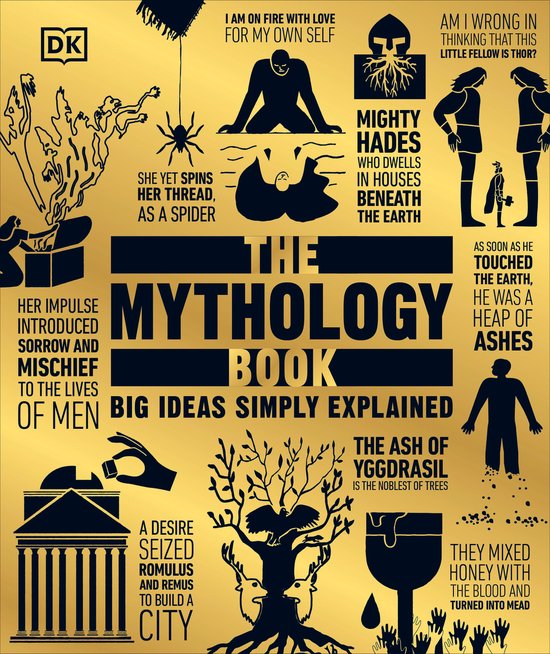 De cover van 'The Mythology Book - Big Ideas Simply Explained' van DK. Iconen illustreren Griekse en Noorse mythen, zoals de schepping van een stad en Yggdrasil.