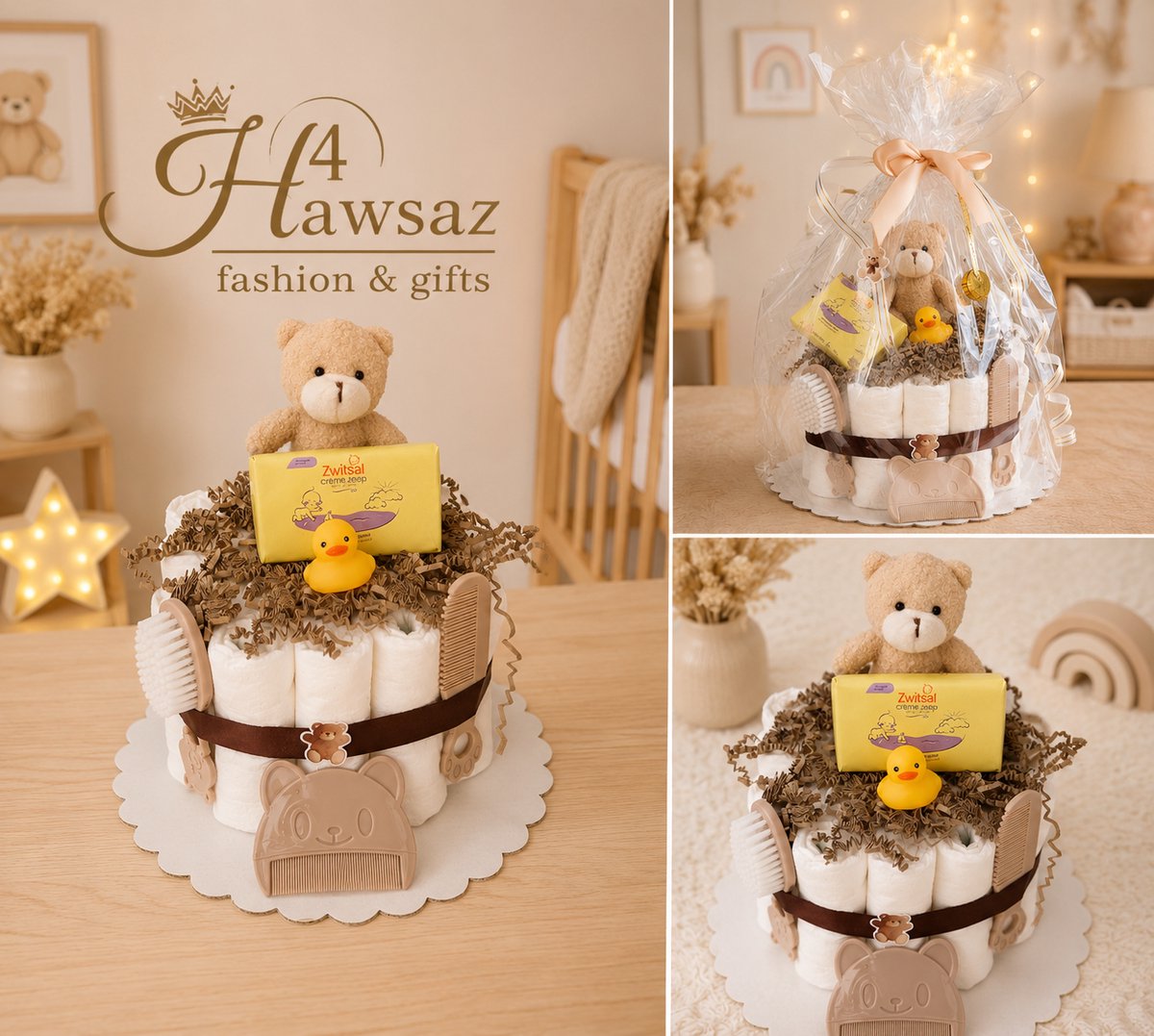 Genderneutraal luiertaart 26 stuks - kraamcadeau - Hawsaz.nl Cadeau -Originele Babycadeau's - 20 luiers 1 Laags - Babycadeau - Babygeschenkset - Babyshower - Babyverzorging - Zwitsal - Baby knuffel