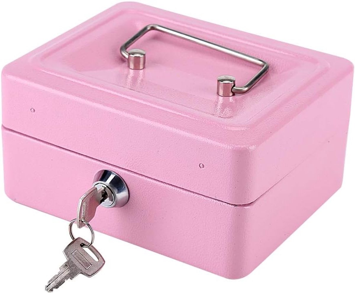 SnelShoppen - Stalen Sleutelslot Beveiligingsbox met 6 Compartementen, Lockable Geldopslag voor Kleingeld, Sieraden Box, Klein Roze