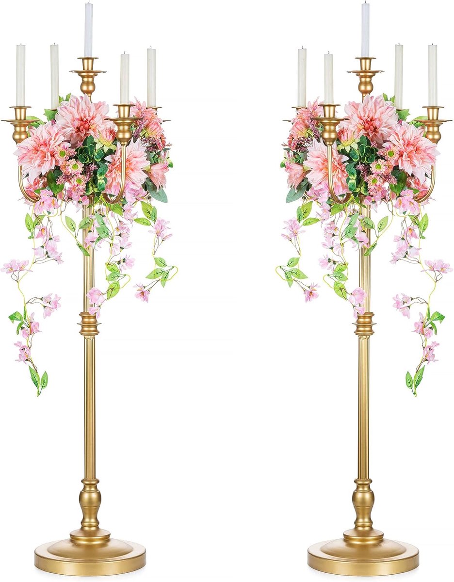 SnelShoppen - 124cm Hoge Gouden Metaal Kaarsenstandaard Set van 2, 5-Arms Kaarsenhouder Antieke Vloer Kaarsenhouder Decoratieve Tafelcentraal voor Bru