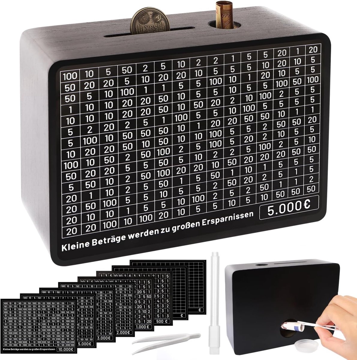 SnelShoppen - Houten Spaarpot met Doelen, Sparbox met Afvinkvakjes, Piggy Bank voor €500, €1.000, €2.000, €3.000, €5.000, Geen Montage, Zwart