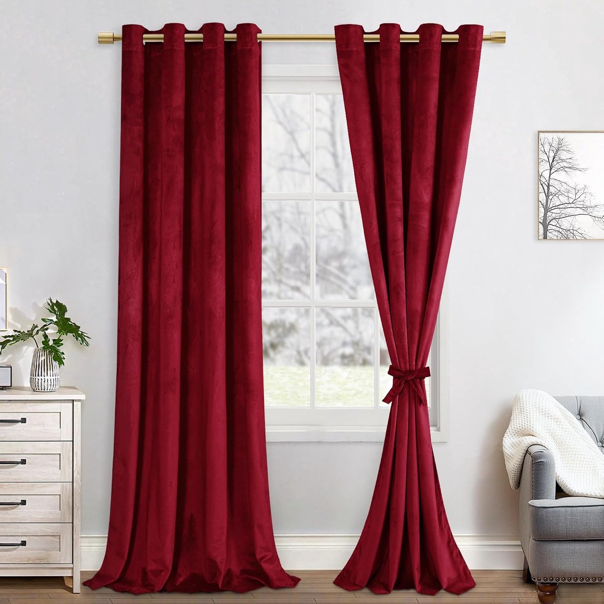 SnelShoppen - Velvet Blackout Gordijnen Set van 2 Zachte Opaque Gordijnen met Oogjes voor Slaapkamer, 140 x 245 cm, Wijnrood, Verduisterend