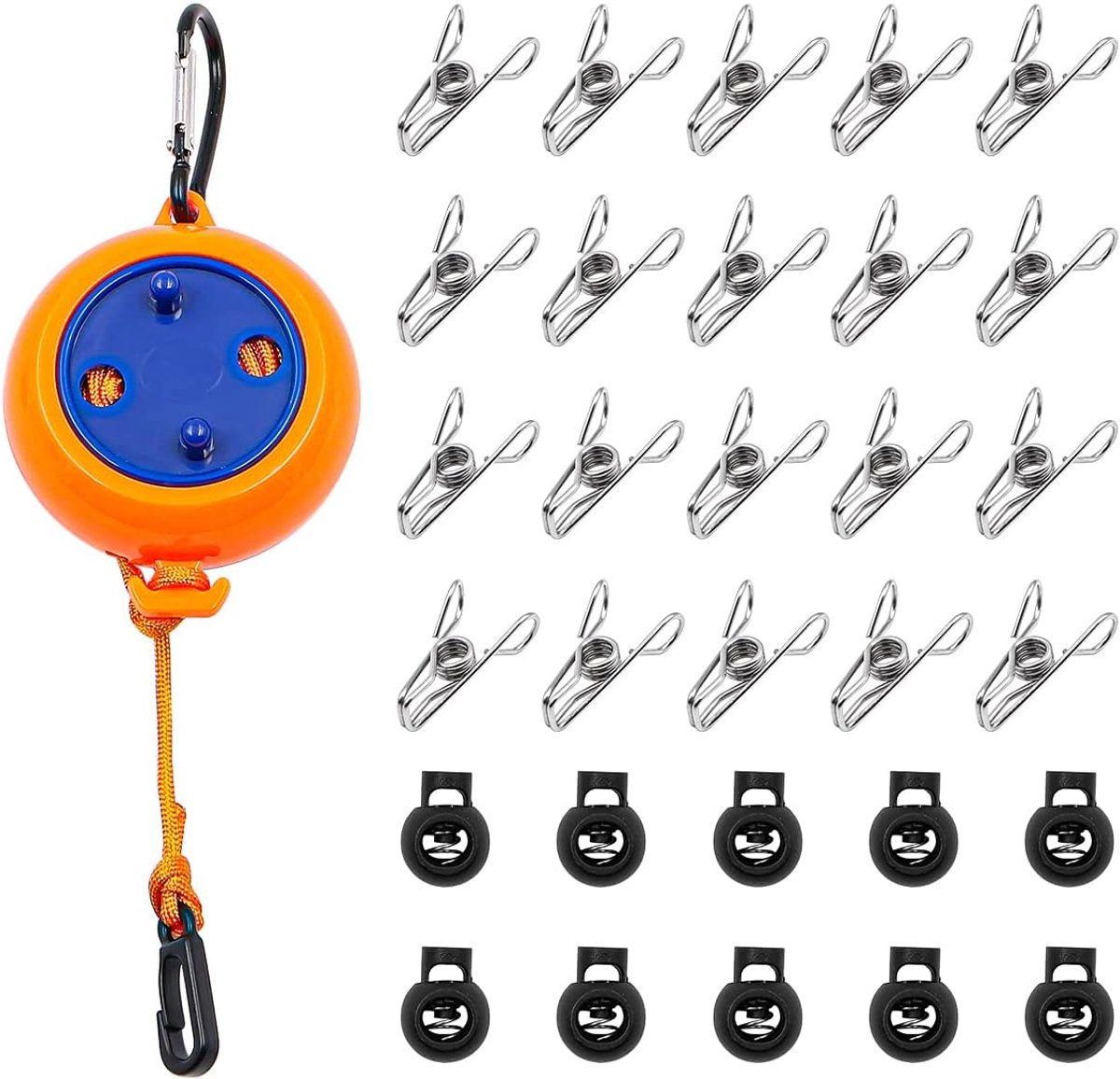 SnelShoppen - Retractable Camping Waslijn 8 Meter Verstelbare Reis Waslijn Sterke Nylon Met 20 Klemmen en 10/10 Vaste Gespen Voor Binnen Buiten Kamper
