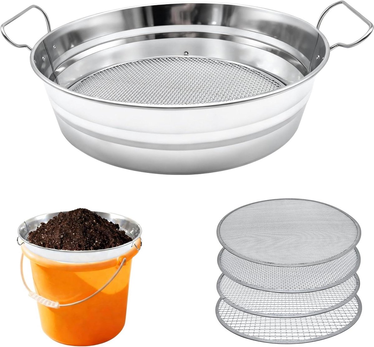 Grondzeef met Handgrepen - Compostzeef Vuilzeef - Tuinaarde Zeven - 4 Vervangbare Schermen - Past op 5 Gallon Emmer - Zilver
