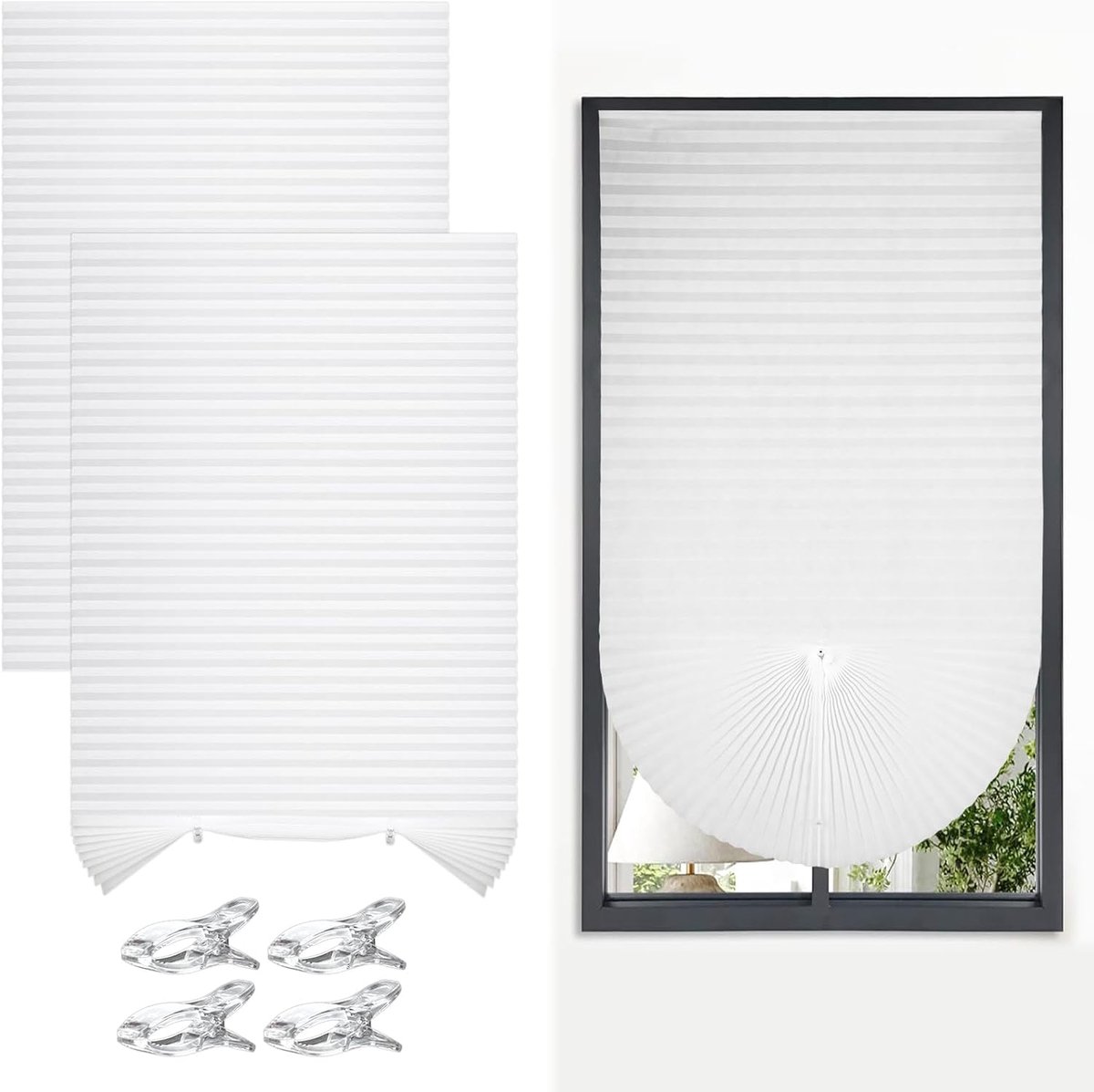 KZQ 2-stuks zelfklevende plissé gordijnen 60x150 cm - Verduisterend en op maat te knippen - Zonder boren - Geschikt voor slaapkamer en badkamer - Wit