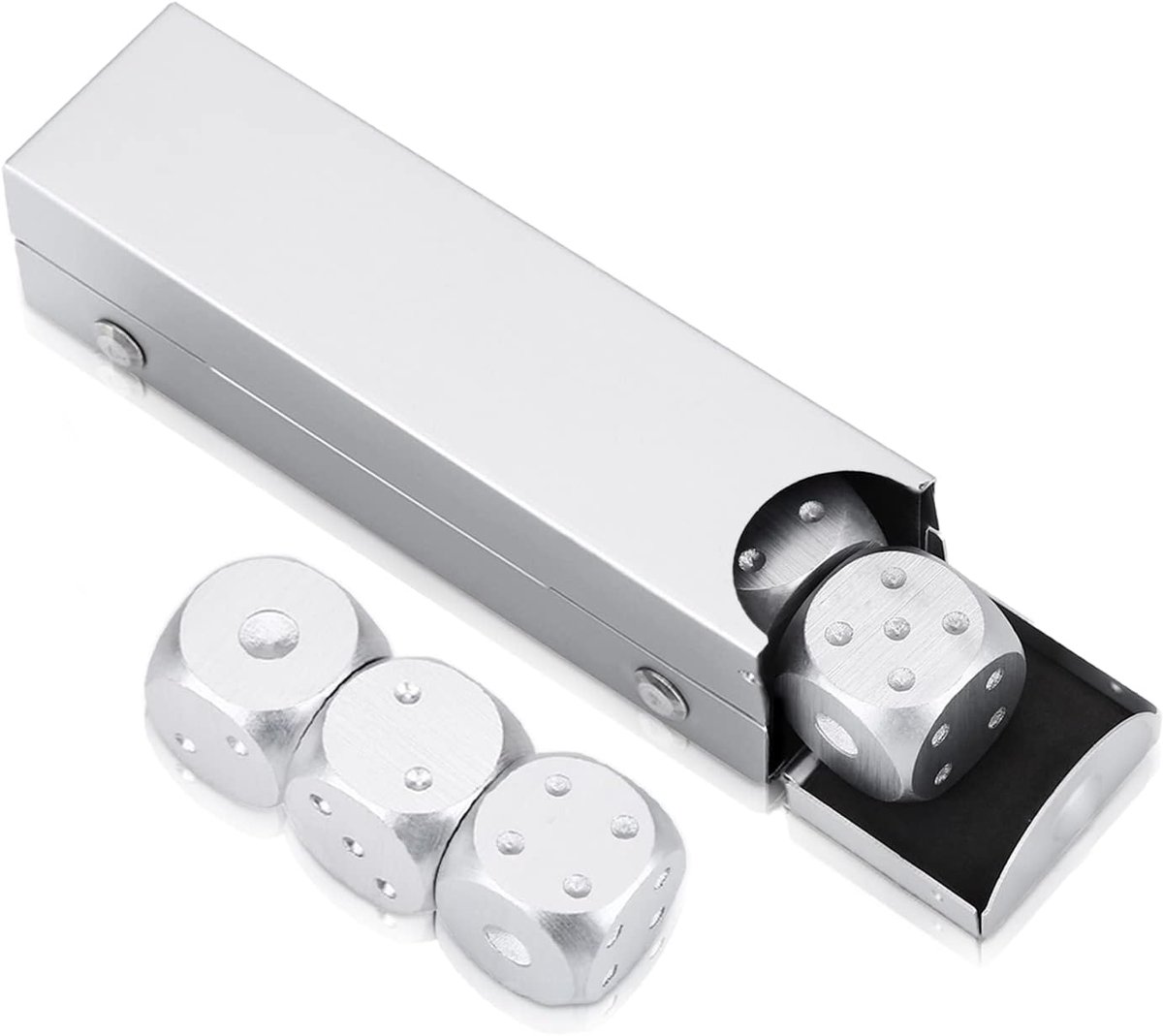 SnelShoppen - 5-delige Aluminium Precisie Dobbelstenen Set met Opbergdoos - Metaal Dobbelstenen voor Tafelspellen, Poker, Feest en Gezelligheid - Zilv