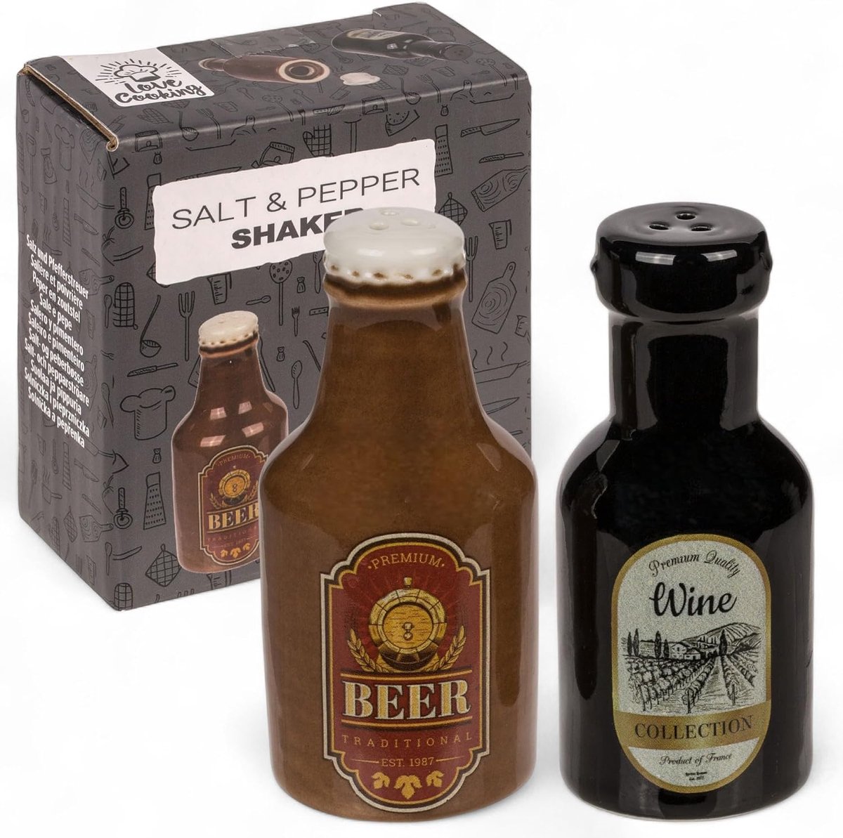 SnelShoppen - Salt & Pepper Shaker Set, Stijlvolle Porselein, Voedselveilig, Makkelijk in te Vullen, Grappige en Schattige Ontwerpen (Bier & Wijn, 2 S