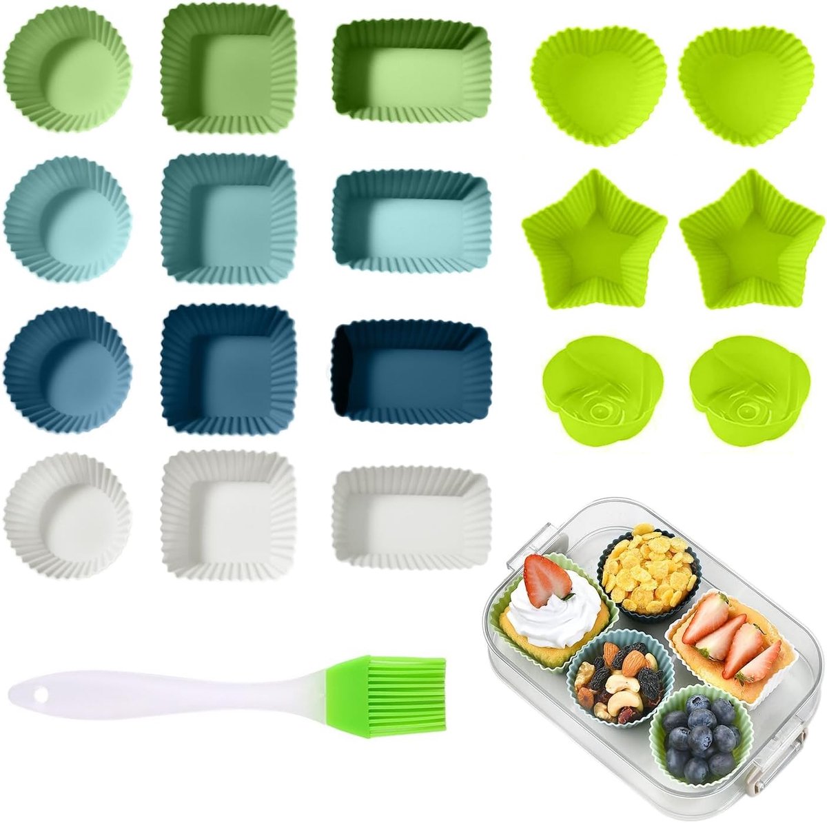 SnelShoppen - 18 Silicone Cake Mallen, Herbruikbare Cupcake Dozen, Muffin Bakvormen met Kwast voor Taarten, Muffins (6 Vormen, Groen)
