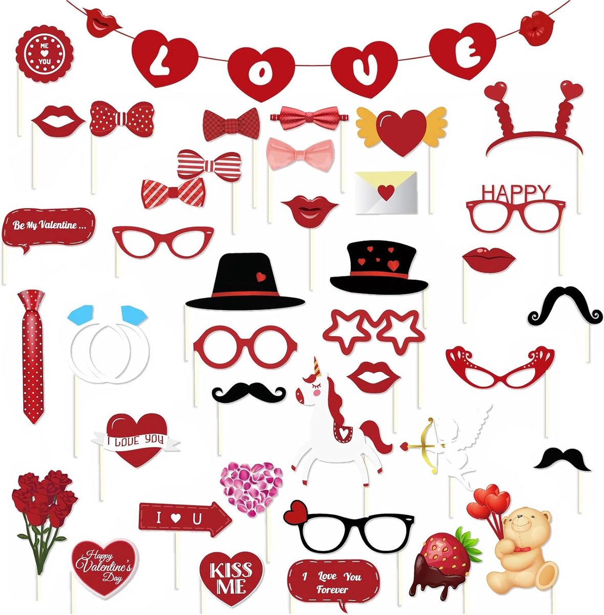 SnelShoppen - Party Photo Props Booth Papieren Accessoires voor Selfie - Complete Set met 47 Vrolijke Props, Sticks en Lijm voor Trouwen, Verjaardagen