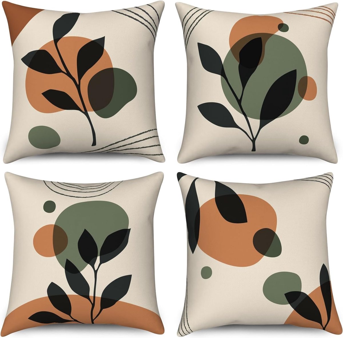 SnelShoppen - Boho Kussenhoezen 40x40cm 4 Stuks Modern Abstract Design Zwarte Bladeren Groene Zon Beige Sofa Tuin Decoratie Wasbare Linnen Kussens