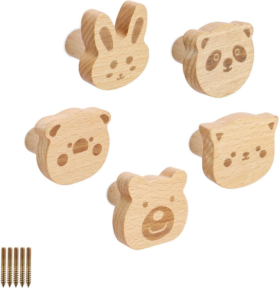 SnelShoppen - 5 Stuks Houten Garderobe Haken met Dieren Motieven | Zachte en Elegante Kleuren, Ideaal voor het Ophangen van Jassen, Hoeden en Tassen