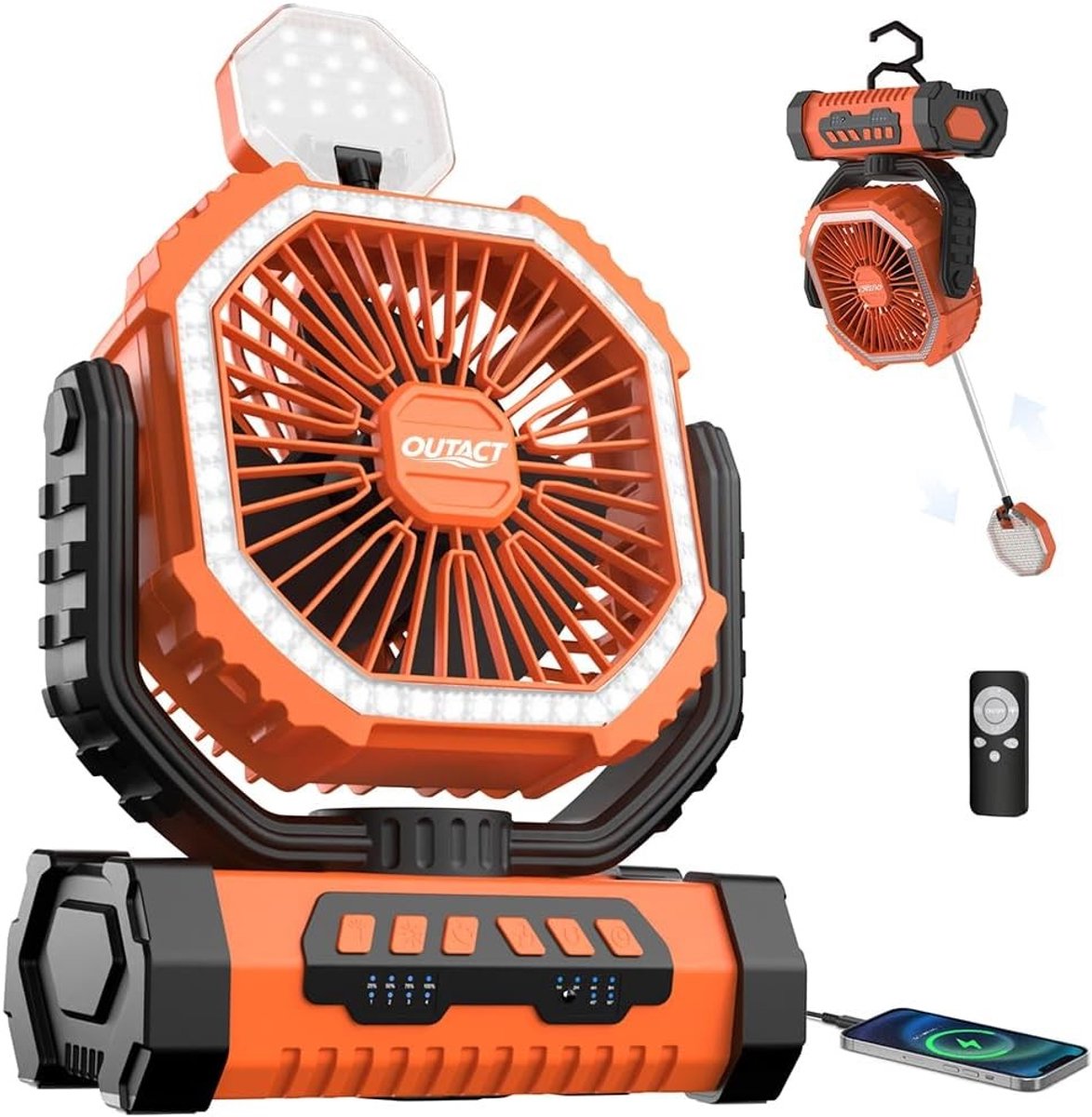 Campingventilator - Oranje - Oplaadbare 20000mAh USB-Ventilator met Haak en Afstandsbediening - Voor Outdoor en Tentgebruik