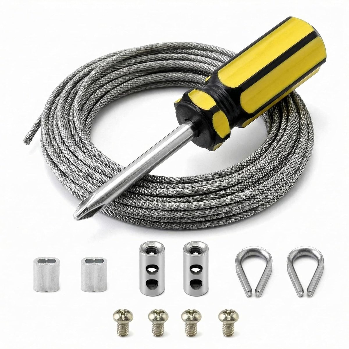 QWORK® RVS staalkabel 6 m/2 mm, staalkabelset, M2 krimplus, M2 staalkabelhulzen, voor tentlijnen, waslijnen - ShopVlot
