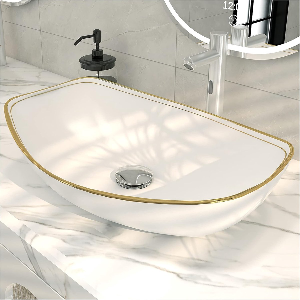 SnelShoppen - Luxe Gouden Rand Ovalen Badkamerspoelbak 56.5 x 40.5cm Porselein Keramische Wasbak, Elegante Wastafel voor Modern Badkamerontwerp