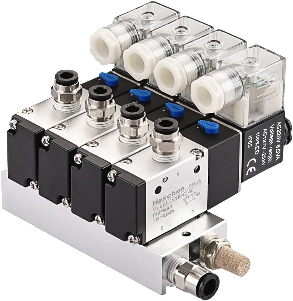 SnelShoppen - Elektrische Pneumatische 4 Solenoid Ventiel 3V210-08, AC220V, PT1/4, 3/2 Weg, Manifold Basis, Snelle Aansluitingen Set voor Industrie en