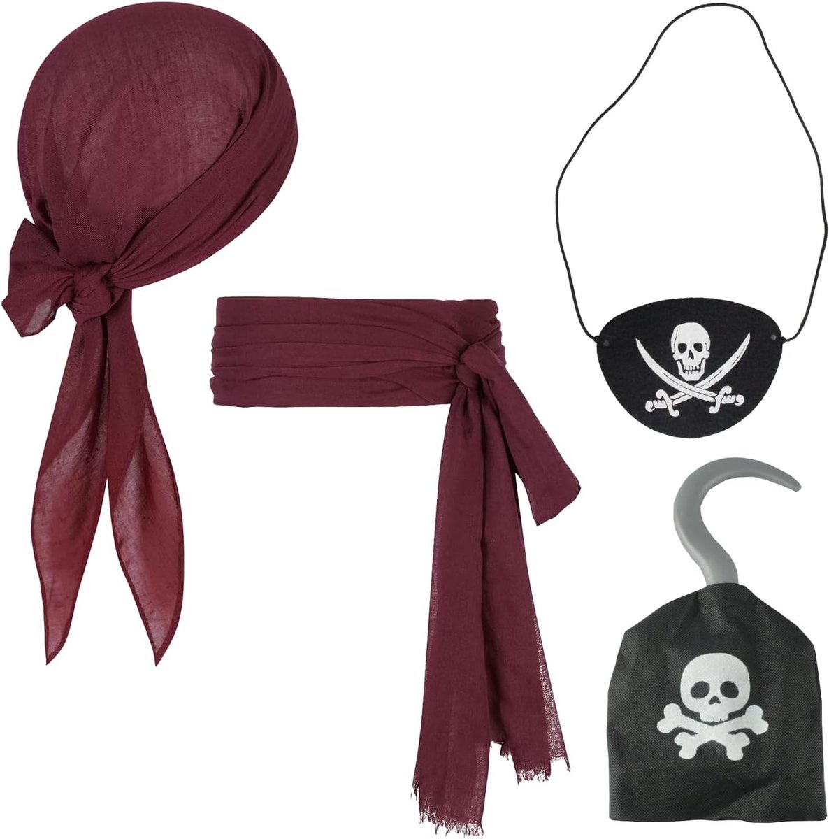 Piratenkostuum Accessoires Set van 4 - Bandana, Hoofddoek, Verstelbare Ooglap en Riem voor Halloween, Cosplay en Piratenthema Feestjes voor Volwassenen en Kinderen