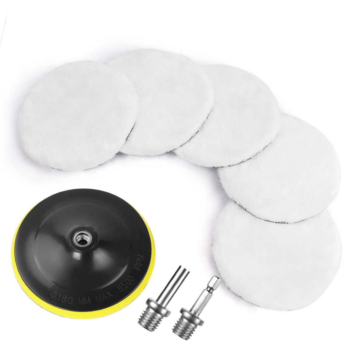 SnelShoppen - 5-delige Wol Polijstpad Set 180 mm met M10 Draad Adapters en Zuignap - Polijstkit voor Boormachine en Auto Polijstmachine