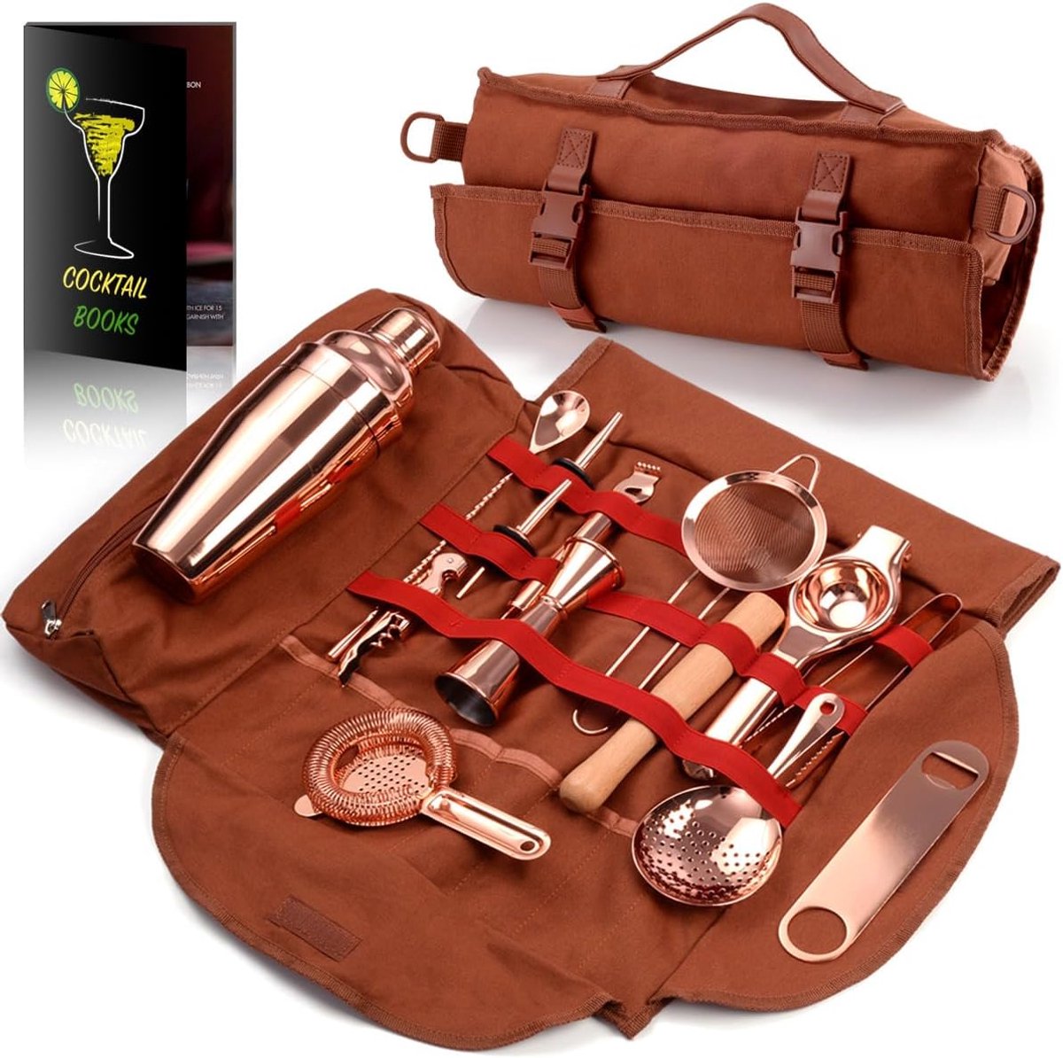 SnelShoppen - Bartender Tote Bag Kit, 17-delige Koperen Bar Tool Set met Stijlvolle Draagtas en Schouderband voor Eenvoudig Transport en Opslag, Roze