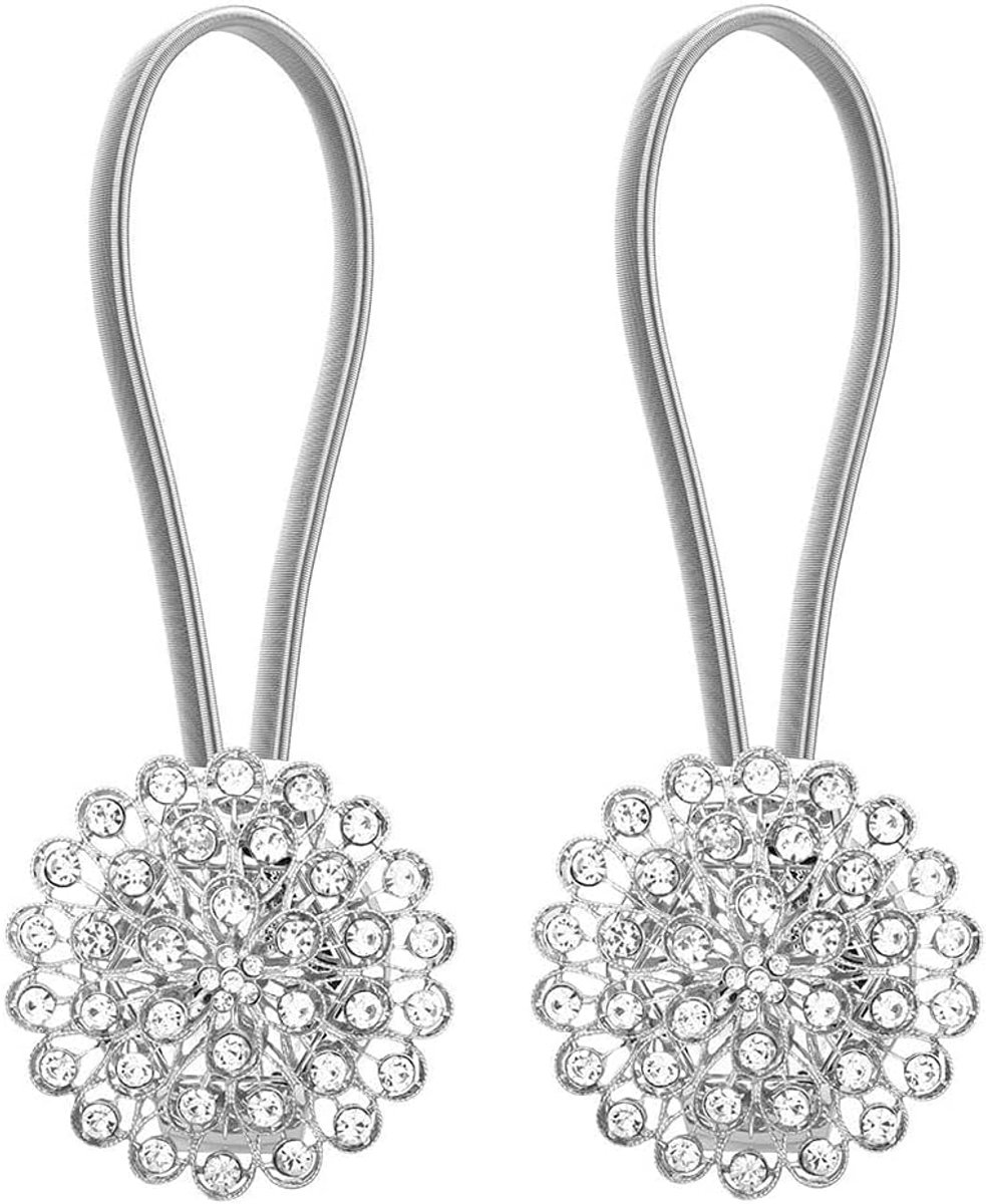 SnelShoppen - 2 Stuks Magnetische Gordijn Tiebacks, Crystal Gordijnhouders met Bloem Motief en Stretchy Draad voor Thuis en Kantoor Decoratie (Zilver
