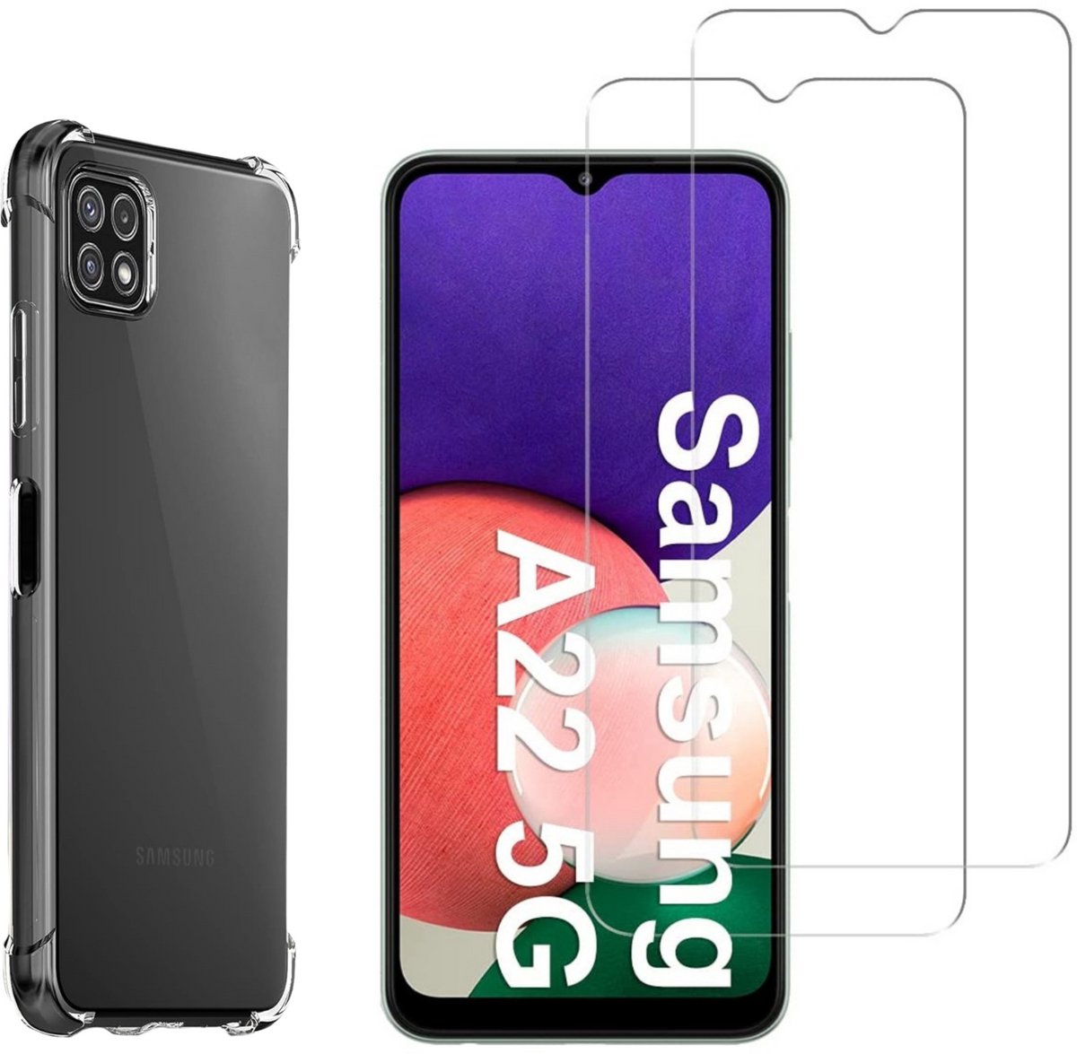Hoesje geschikt voor Samsung Galaxy A22 5G backcover Shockproof siliconen Transparant en 2 stuks Screenprotector Gehard Glas