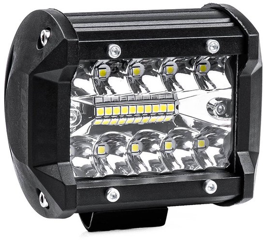 Zwarte AMiO LED werklamp met 20 LED's en zilveren reflectoren.