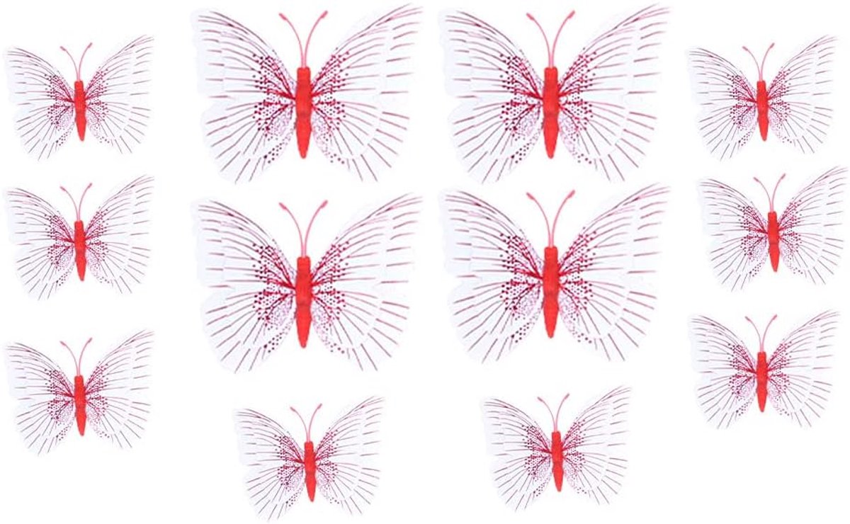 SnelShoppen - 24 Stuks 3D Vlinder Wandstickers Kunst Decor Stickers met Sponslijm en Magneet Rood - PVC, Dubbelzijdig, Voor Feest, Slaapkamer, Tuin