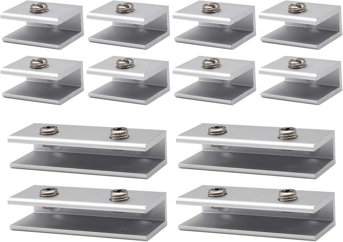 SnelShoppen - Pack van 12 Aluminium Glazen Plankhouders 6-8 mm Robuuste Glasklemmen voor Badkamer, Keuken, Trappen, Railings, Verstelbaar, Corrosiebes
