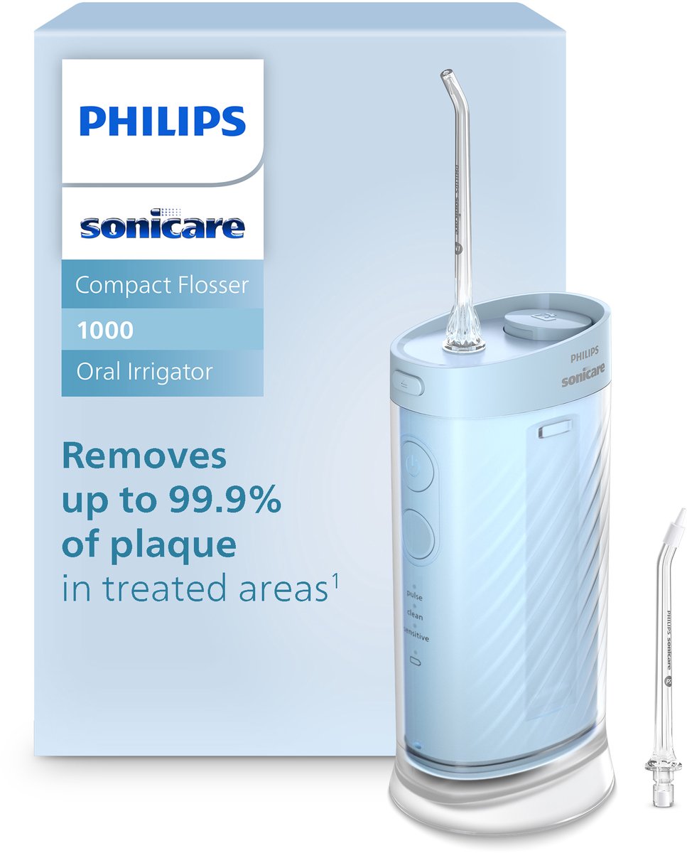 Philips Sonicare Compact Flosser 1000 HX3333/24 Waterflosser | Draadloze Monddouche voor Tanden & Tandvlees | 3 Reinigingsstanden | Reisvriendelijk | Blauw