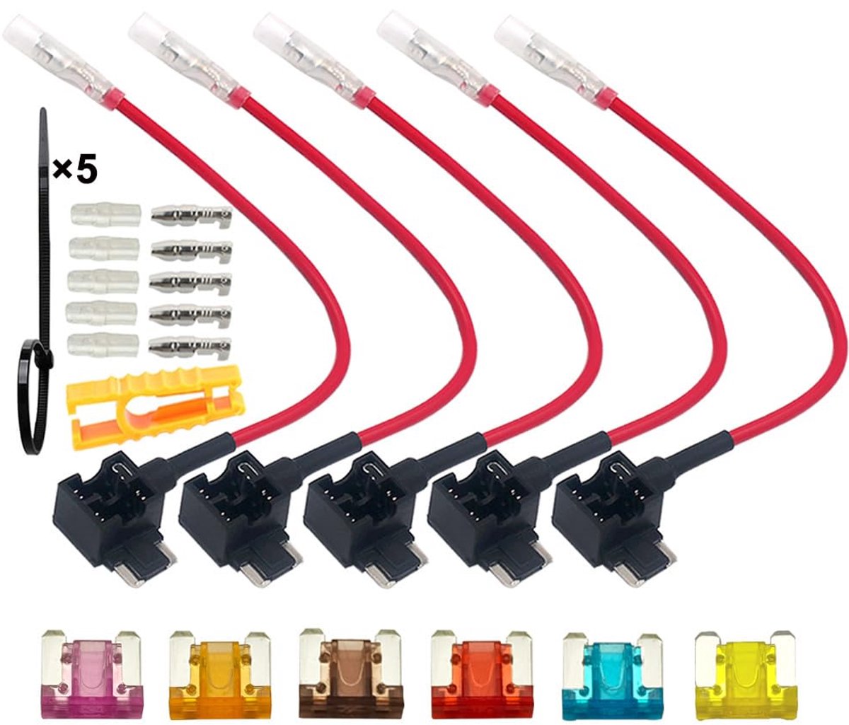 SnelShoppen - 5Pcs Premium 12V/24V ACN Low Profile Fuse Tap, Piggyback Blad Fusehouder met Bekabeling en 6 Gratis Micro Blad Fuses