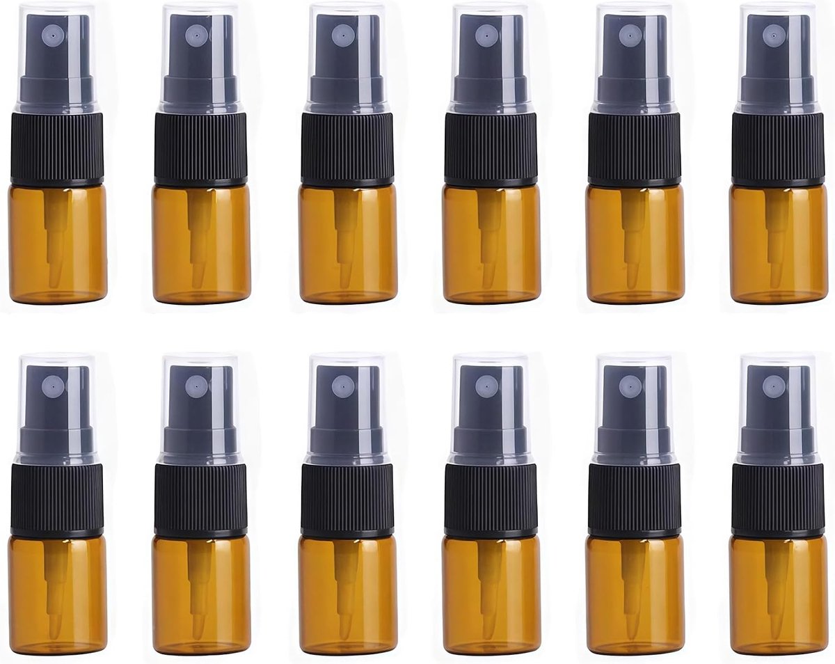 Glazen flessen 12 stuks - amber met zwarte spuitmond - perfect voor parfum en cosmetica - ShopVlot