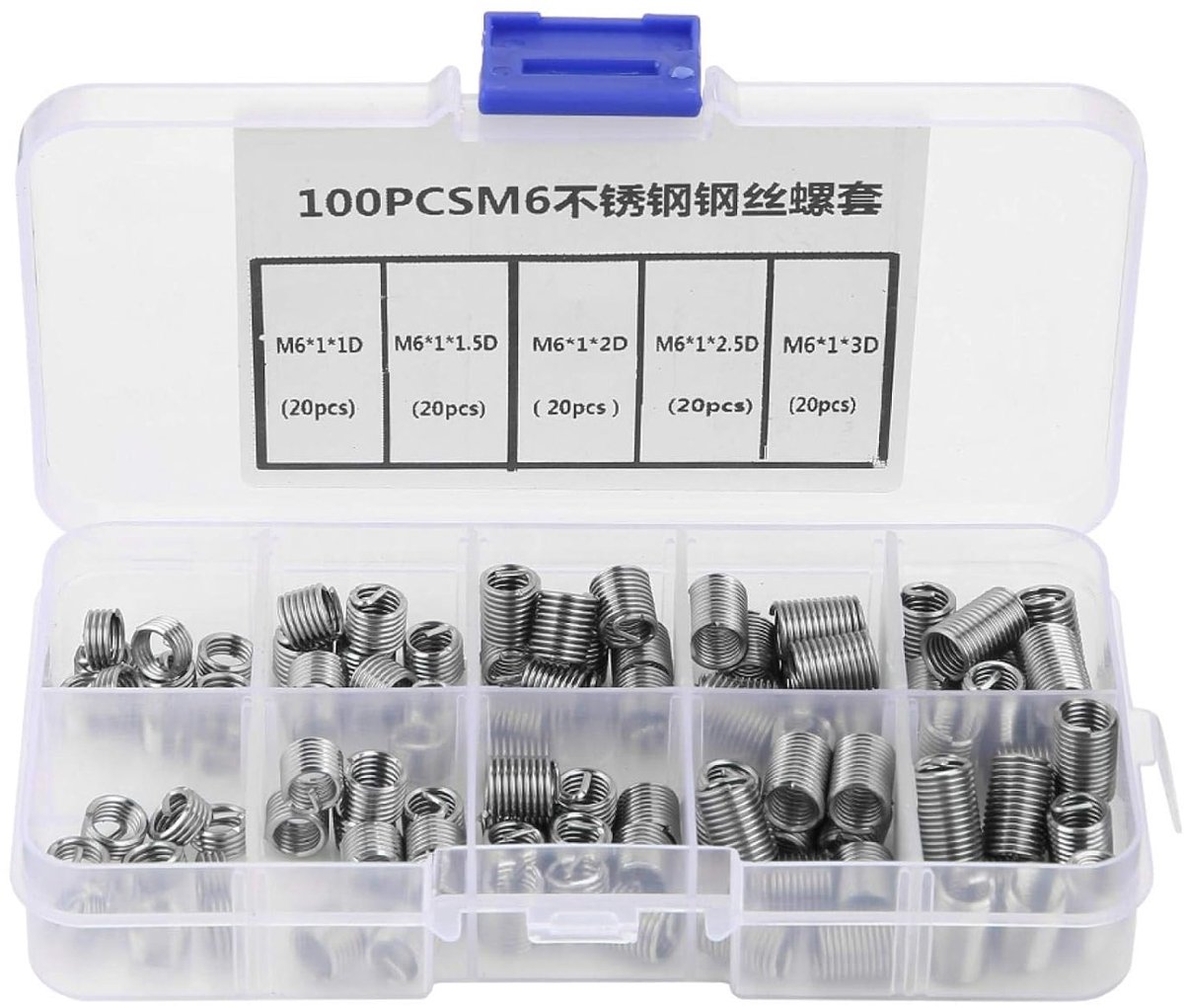 SnelShoppen - Allen Schroeven Set 100 Stuks M6 RVS Spiraal Draad Draadinvoegen Auto Reparatie Gereedschap