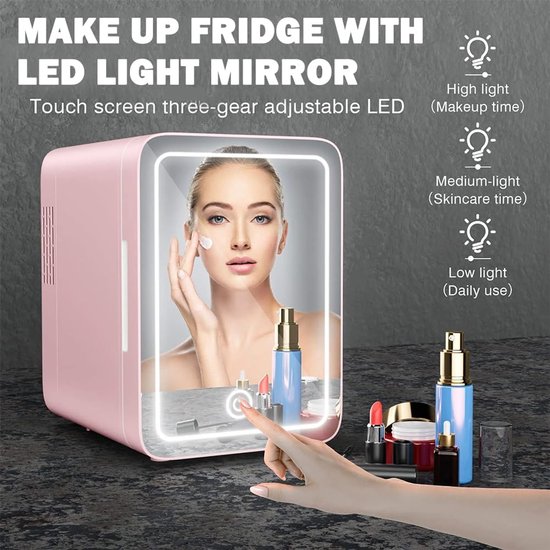 Mini Make-up Koelkast - Cosmetica Koelkast Vriezer - Huidverzorging Koel Houden - Verstelbare LED Verlichting - 4L - Roze — afbeelding 3