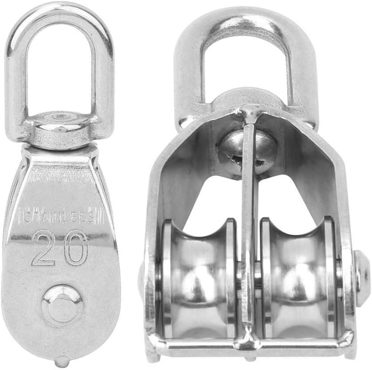 SnelShoppen - 2 Stuks Vaste Katrollen van 304 Rvs M20 Dubbele Wielen Katrol Blok voor Lifting, Tuin, Garage, Camping, Maximaal 75 kg