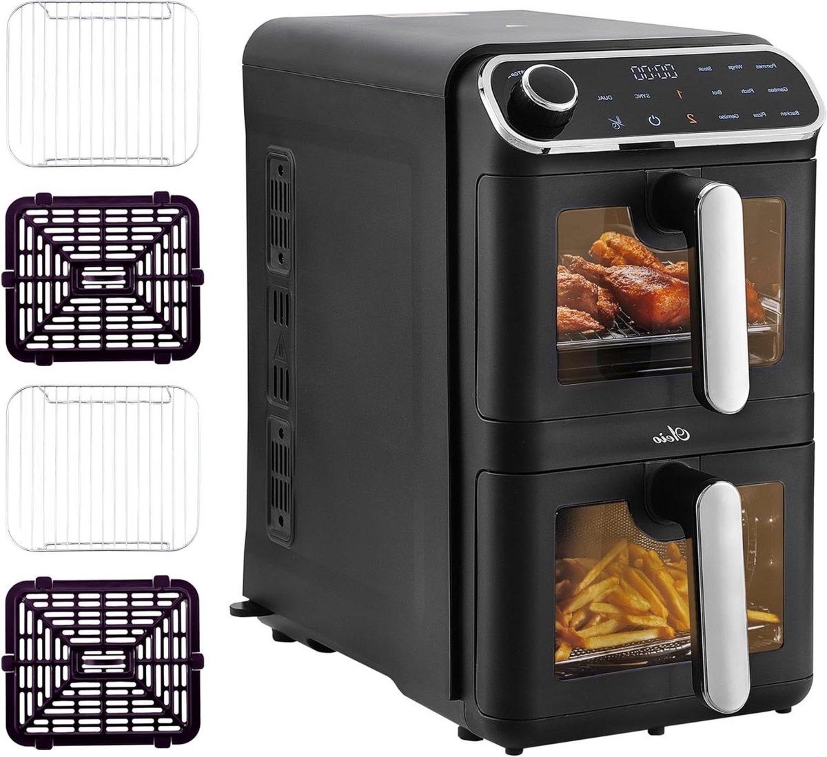 Heteluchtfriteuse Dubbel - Verticale Airfryer - Gezond Koken - Dubbele Kamer - 11 Liter - Zwart