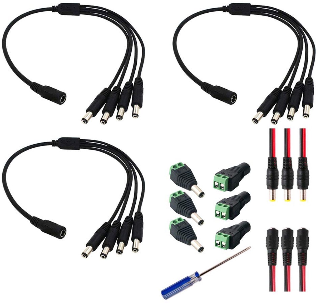 SnelShoppen - TOOHUI 1 Bus naar 4 Stekkers DC Splitter voor CCTV Camera's - DC Voedingsverdeler 5.5x2.1mm - Mannelijke en Vrouwelijke DC Voedingskabel