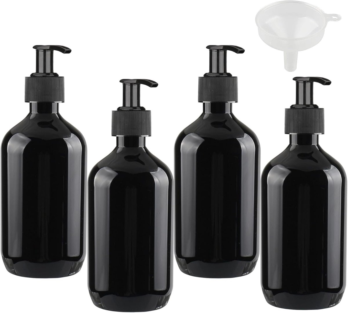 SnelShoppen - 4 Stuks Lege 300ml Plastic Zwarte Zeepdispensers, Lotiondispenser Flessen met Pomp voor Shampoo en Badkamer, Hotel, Gel met Trechter