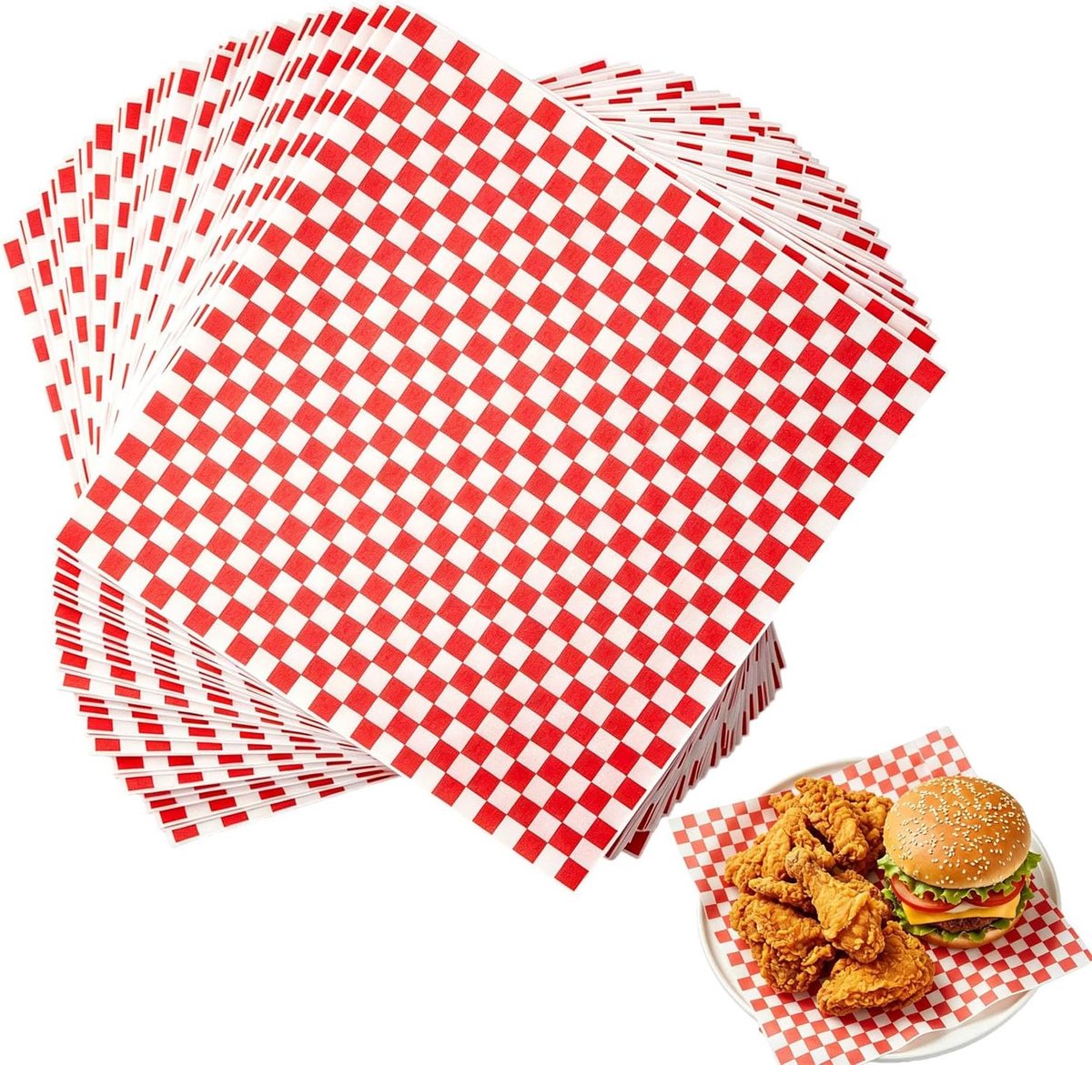 SnelShoppen - 100 Stuks Rood & Witte Geruite Papieren Verpakkingsvellen - 12x12 Inch - Vetbestendige Sandwich Wraps voor Burgers en Voedselmandjes - P