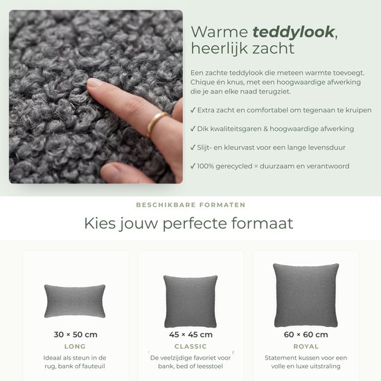 Close-up van de zachte teddy bouclé stof met een vinger die de textuur verkent. Ernaast de tekst "Warme teddylook, heerlijk zacht" en info over de maten.