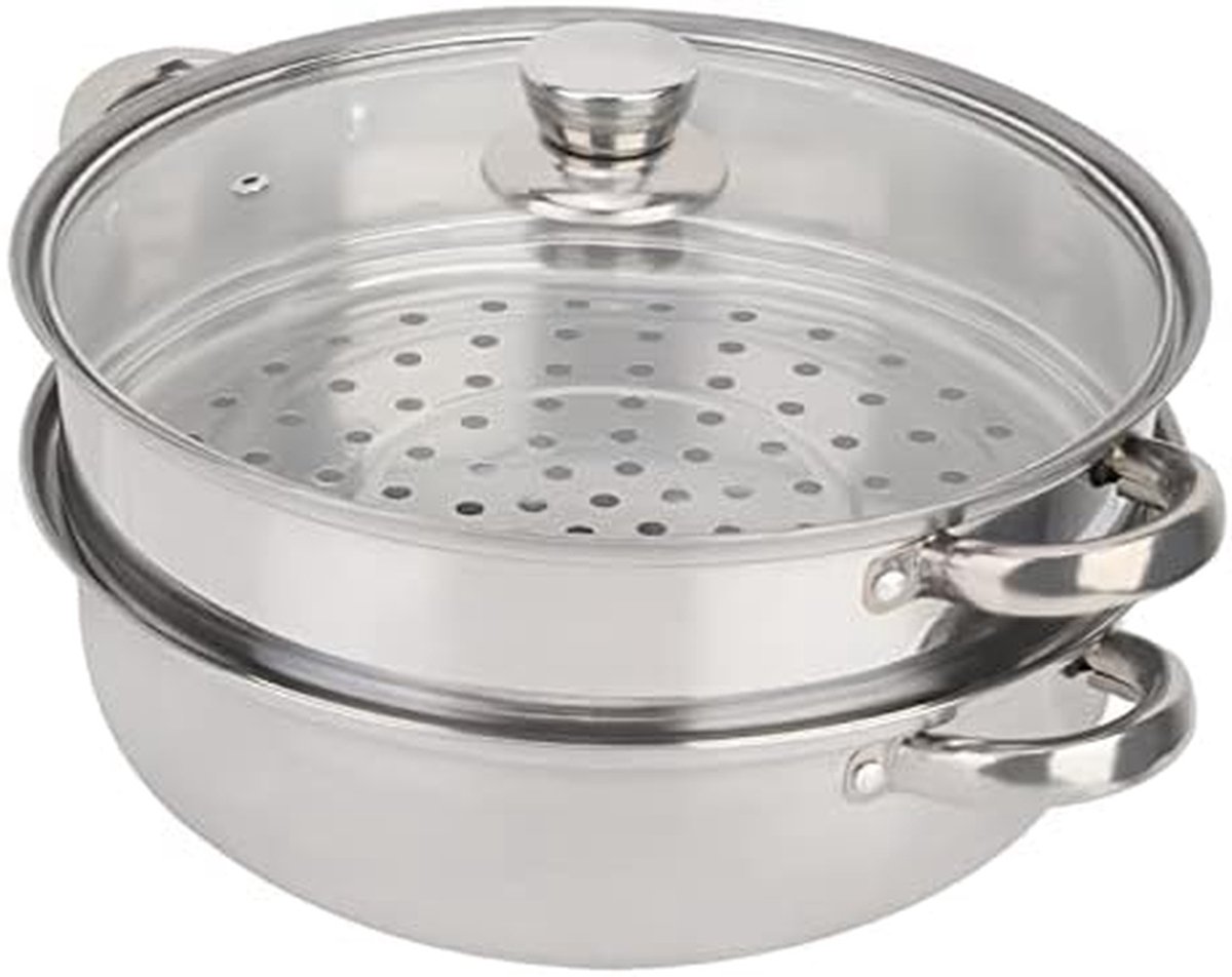 Stoompan 2-laags - Stoomkoker RVS - Gezond Koken - Glazen Deksel - 27 cm Diameter - Zilver