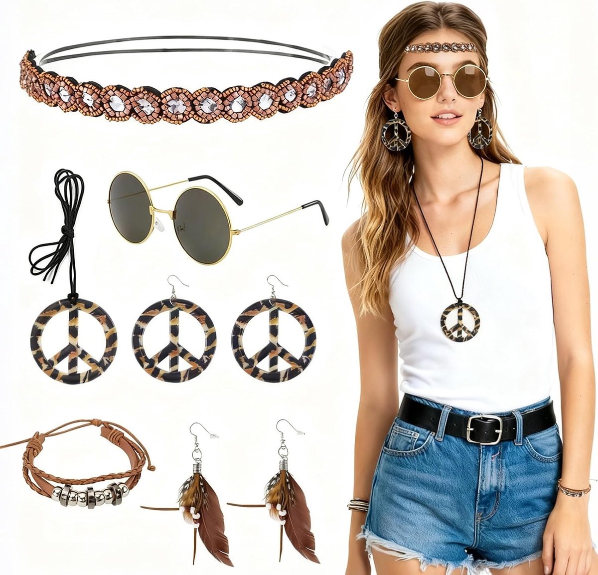 Hippie Kostuum voor Dames met Accessoires voor Carnaval en Feestjes | 70s Boho Kleding, Flower Power en Retro Outfit