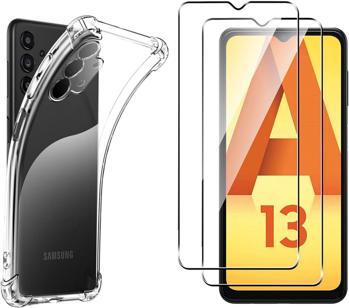 Hoesje geschikt voor Samsung Galaxy A13 4G backcover Shockproof siliconen Transparant en 2 stuks Screenprotector Gehard Glas