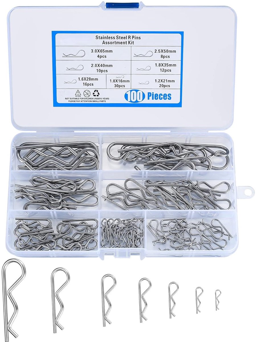 SnelShoppen - 100 Stuks Stalen Splints Set, RVS RC Clips, Lock Sleeves, Veerclips, Carclips, Veiligheidsclips, Bevestigingsclips Geschikt voor Tractor