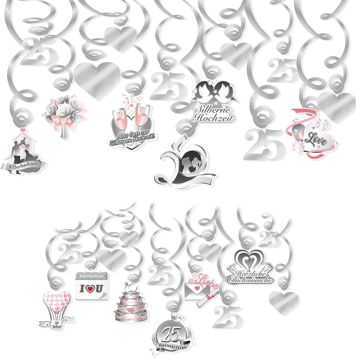 SnelShoppen - 30 Stuks Zilveren Bruiloft Hangdecoratie, Spiralen en Hartvormige Hangers, 25 Jaar Jubileum Decoratie, Feestelijke Versiering voor Bruil