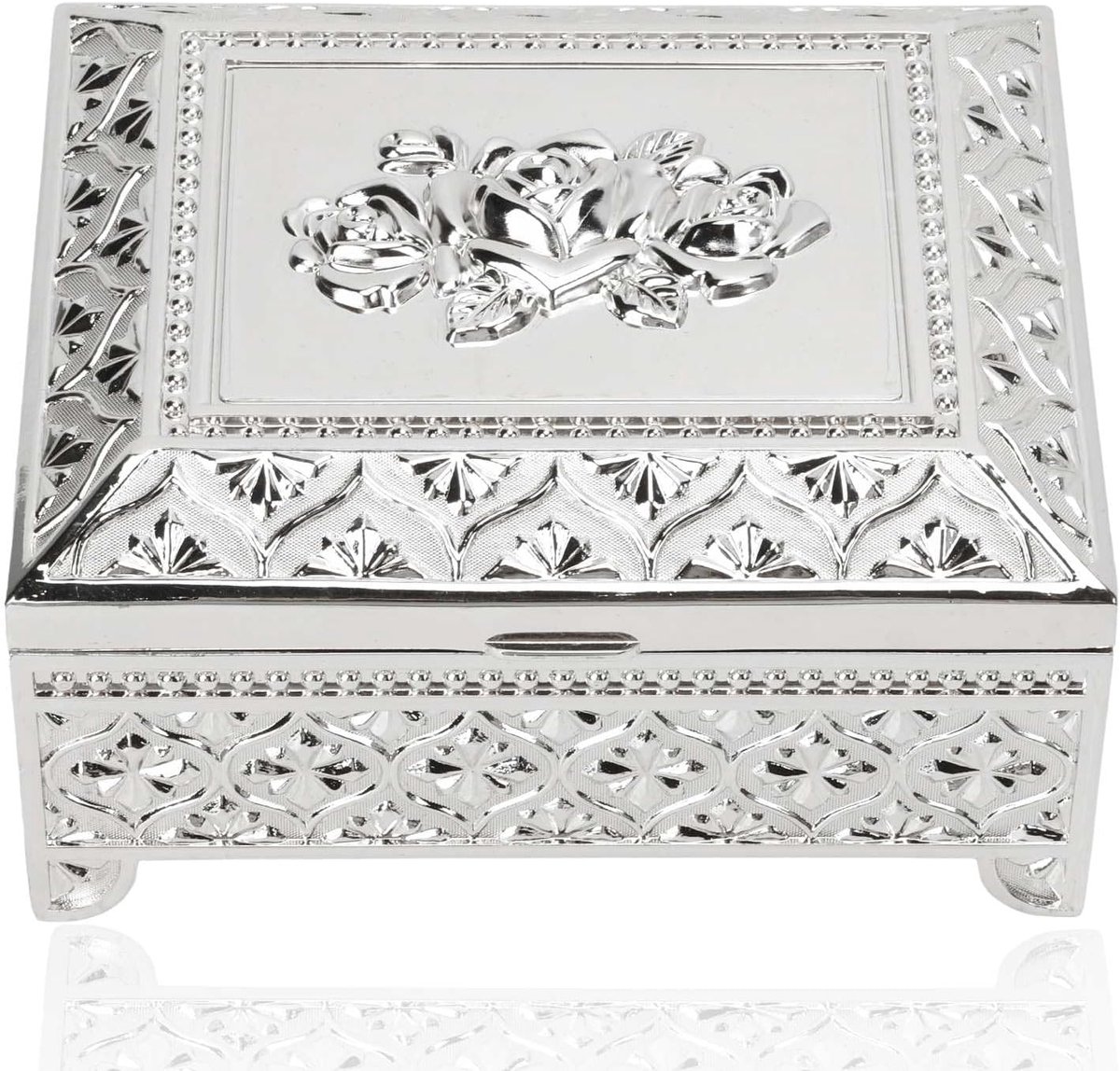 SnelShoppen - Vintage Metalen Sieraden Doos, Bewaarbox Voor Sieraden met Rozenpatroon, Earring, Ketting, Ring Organisator, Zilverkleurig, Perfect Voor