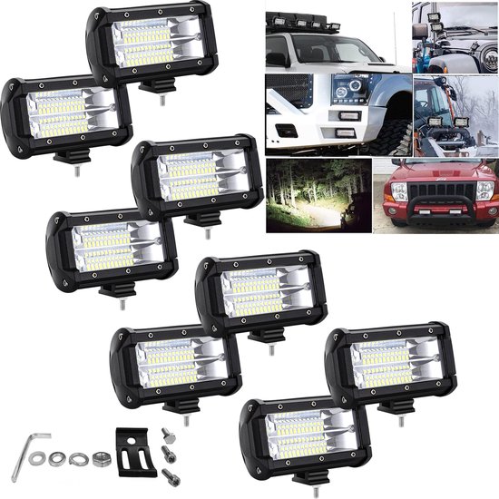 Set van vijf rechthoekige led-werklampen met zwarte behuizing, inclusief montage-accessoires. Montage-opties op diverse voertuigen.