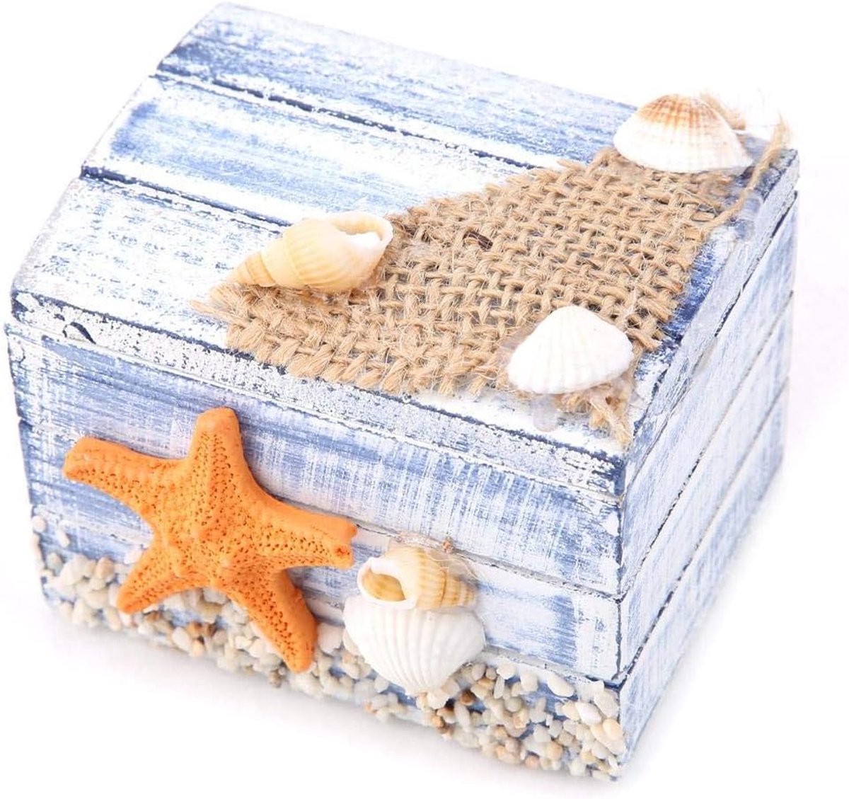 SnelShoppen - Mediterrane Stijl Houten Opbergdoos met Sieradenbox (Sterrenvis) - Ideaal voor Sieraden, Snoep, Decoratie - Wit, Blauw, Geel - Perfect v